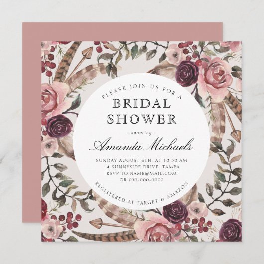 ボホフェザーズブルガンディベージュフローラブライダルシャワー 招待状 (正面/裏面)
