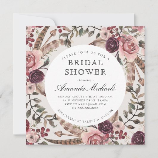 ボホフェザーズブルガンディベージュフローラブライダルシャワー 招待状 (正面)