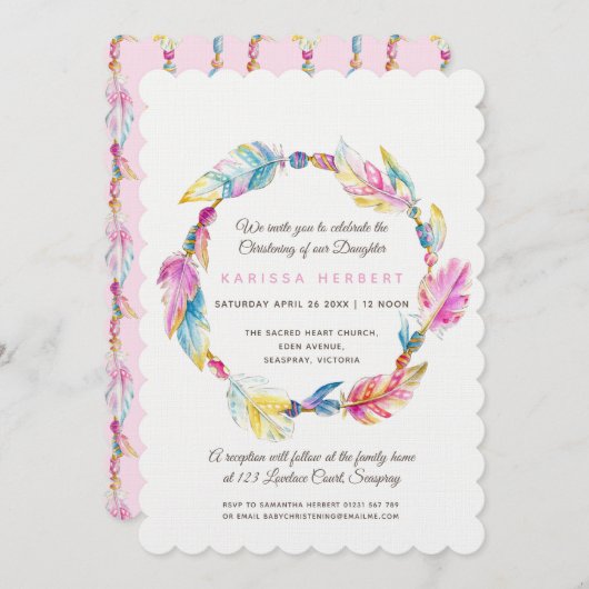 ボホフェザービーズ水彩ピンク《キリスト教》洗礼式や命名式 招待状 (正面/裏面)