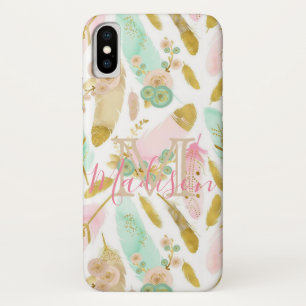 ボホフェザーピンクブルーグリーンカッコいいイニシャル名 iPhone X ケース