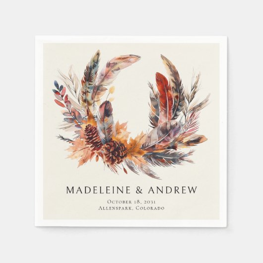 ボホフェザーフローラリースモノグラム結婚ズ スタンダードカクテルナプキン (正面)