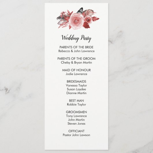 ボホフェザーブルゴーニュバラ結婚式 プログラム (裏面)