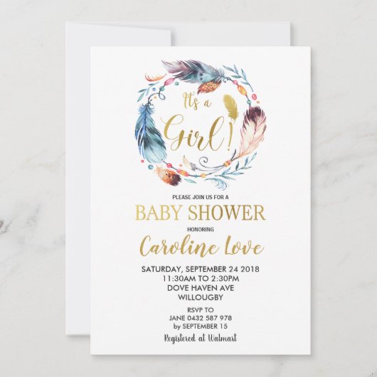 ボホフェザーリースベビーシャワー招待状ガール 招待状 (正面)