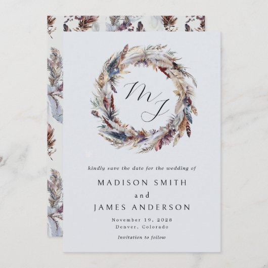 ボホフェザーリースモノグラムウィンターウェディング セーブザデート (正面/裏面)