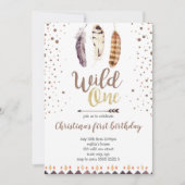 ボホフェザーワイルドワン金ゴールドガールファースト誕生日 招待状 (正面)