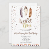 ボホフェザーワイルドワン金ゴールドガールファースト誕生日 招待状 (正面/裏面)
