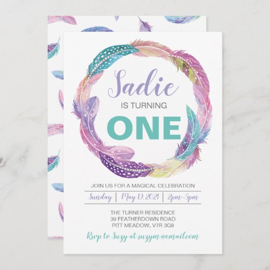 ボホフェザー誕生日招待状 招待状 (正面/裏面)