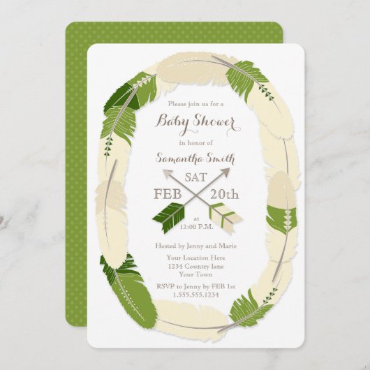 ボホフェザー&アローグリーンベイビーシャワー招待状 招待状 (正面/裏面)