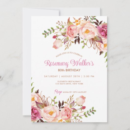 ボホフェミニンピンク牡丹フローラ80誕生日 招待状 (正面)