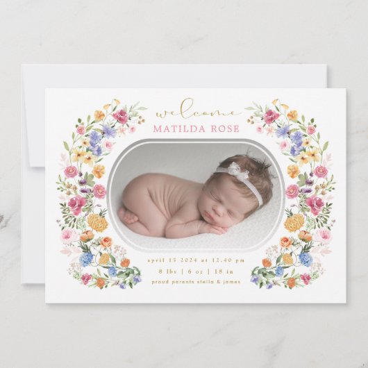 ボホフェミニンワイルドフラワーガール誕生のお知らせ 招待状 (正面)