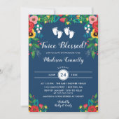 ボホフォークフラワーズツインズフットプリントベビーシャワー 招待状 (正面)