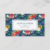 ボホフォークフラワーパターン – 深いブルー&サンゴ 名刺 (正面)