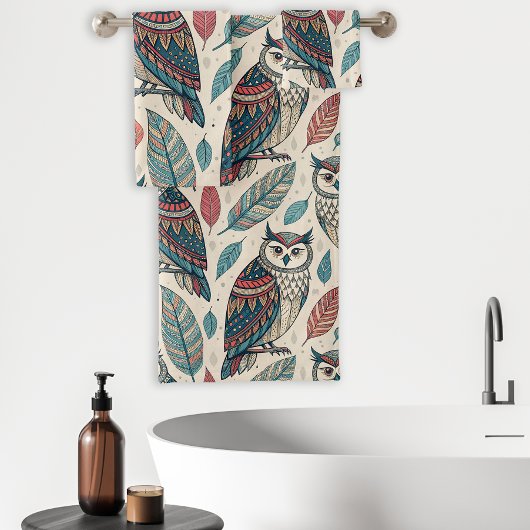 ボホフクロウリーフパターンティール（緑がかった色）ラストベージュ バスタオルセット