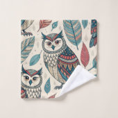 ボホフクロウリーフパターンティール（緑がかった色）ラストベージュ バスタオルセット (ウォッシュタオル)