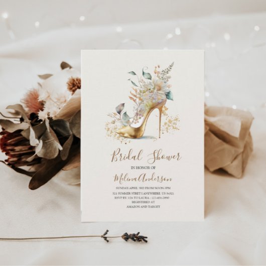 ボホフラワーゴールデンヒールウォーターカラーブライダルシャワーI 招待状