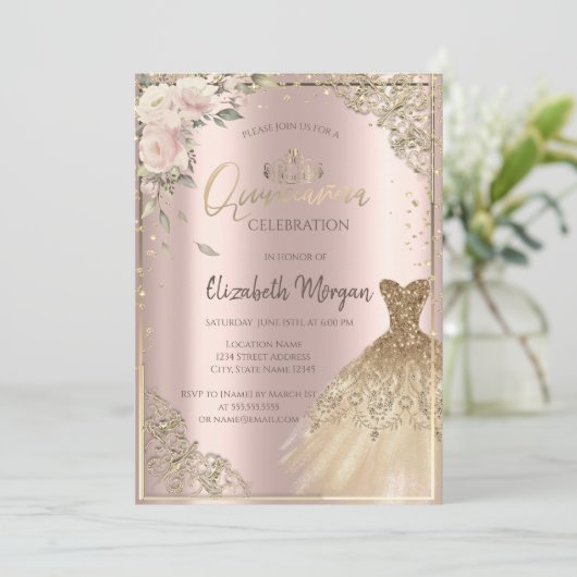 ボホフラワーズダイアモンズドレスバラ金ゴールドキンセアニラ 招待状 (スタンド正面)