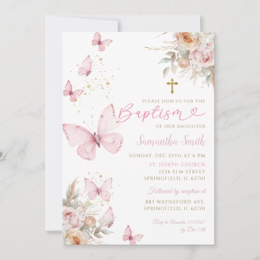 ボホフラワーズバタフライミニマリストバプティスガール 招待状 (正面)