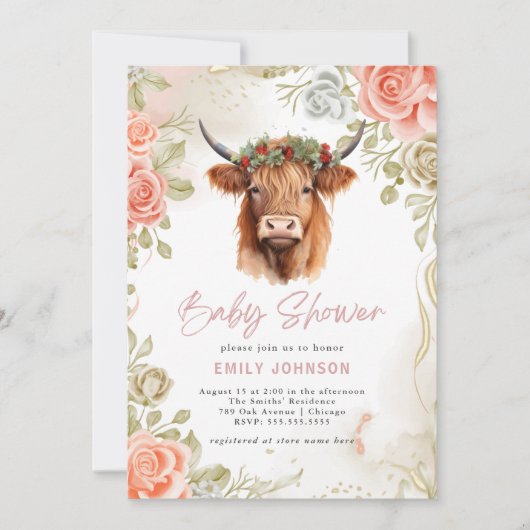 ボホフラワーハイランドカウベビーシャワー 招待状 (正面)