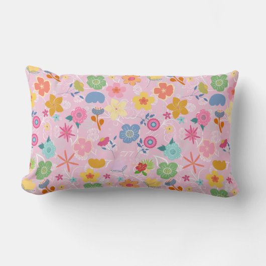 ボホフラワーパターンB01.w LPink BG ランバークッション (正面)