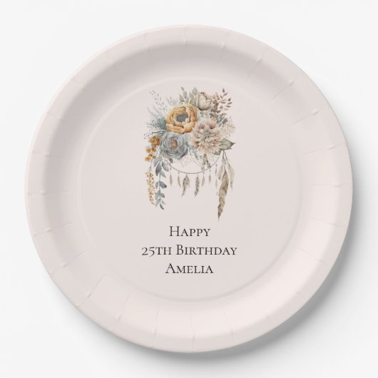 ボホフラワーブーケとドリームキャッチャー誕生日 ペーパープレート (正面)