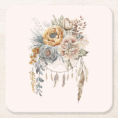ボホフラワーブーケとドリームキャッチャー スクエアペーパーコースター (正面)