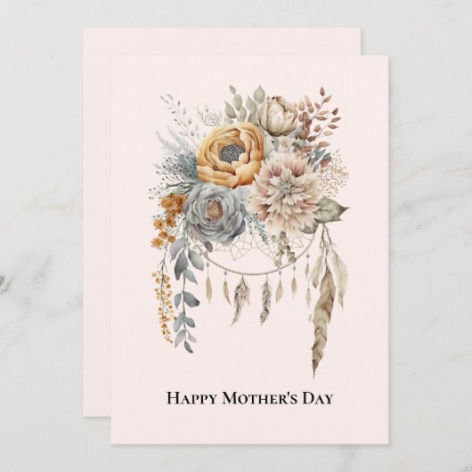 ボホフラワーブーケとニュートラルカラーマザーズデイ シーズンカード (正面/裏面)