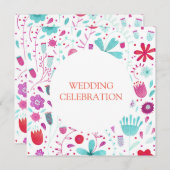 ボホフラワーメドウウォーターティール(緑がかった色)結婚ズ 招待状 (正面/裏面)