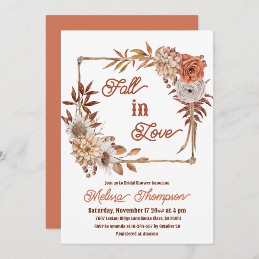 ボホフレーム秋インラブフローラブライダルシャワー 招待状 (正面/裏面)