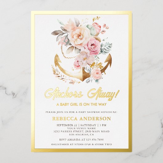 ボホフローラいかり航海のガールベビーシャワー金ゴールド 箔招待状 (正面)