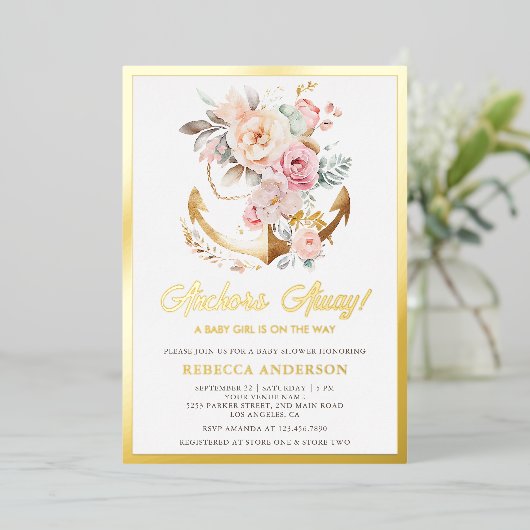 ボホフローラいかり航海のガールベビーシャワー金ゴールド 箔招待状 (立ち正面)