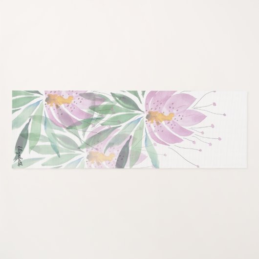 ボホフローラかわいいピンクグリーンパーソナライズされた ヨガマット (正面(横))