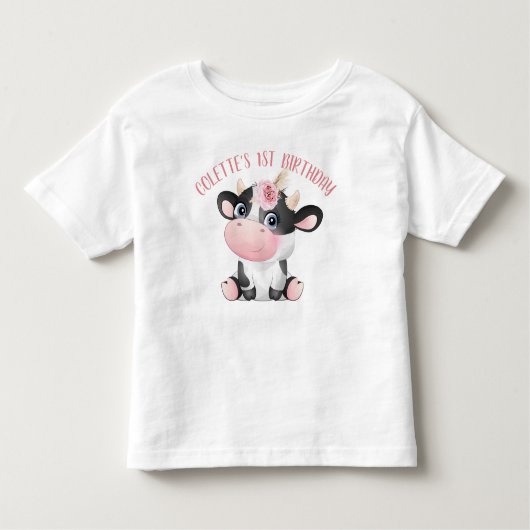 ボホフローラかわいい牛の最初の誕生日ベビーTシャツ トドラーTシャツ (正面)