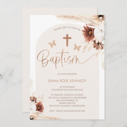 ボホフローラと蝶のアーチ洗礼 招待状 (正面/裏面)