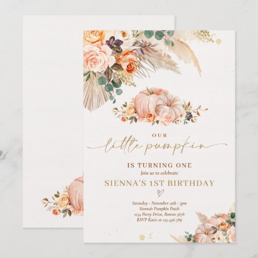 ボホフローラアリトルパンプキン1歳誕生日パーティー  招待状 (正面/裏面)