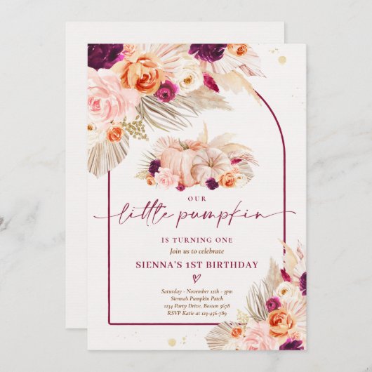ボホフローラアリトルパンプキン1歳誕生日パーティー 招待状 (正面/裏面)