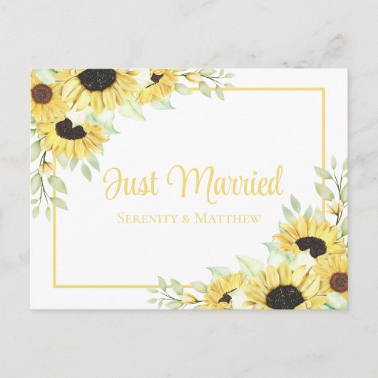 ボホフローライエローサンフラワーたった今結婚しました結婚ズ 案内ポストカード (正面)