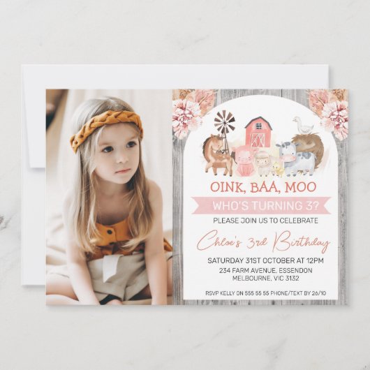 ボホフローラウッドファームフォト誕生日 招待状 (正面)