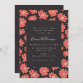 ボホフローラエレガントブラックレッドブライダルシャワー 招待状 (正面/裏面)
