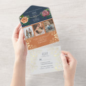 ボホフローラオレンジとネイビーブルー結婚ズ オールインワン招待状 (貼ってはがせる)