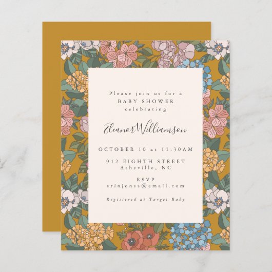 ボホフローラガーデンバジェットベビーシャワー招待状 (正面/裏面)