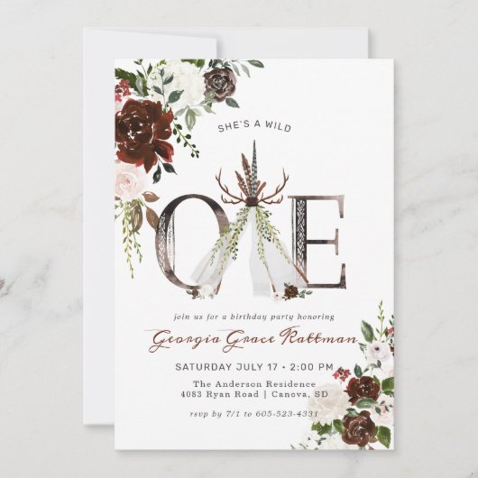 ボホフローラガーリーアントラー部族ワイルドワン誕生日 招待状 (正面)