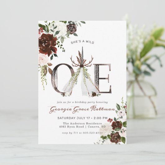 ボホフローラガーリーアントラー部族ワイルドワン誕生日 招待状 (スタンド正面)