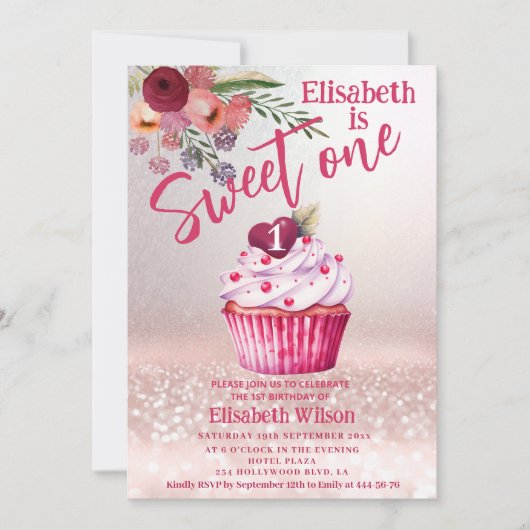 ボホフローラガーリーカップケーキバラ金ゴールドキラキラ 招待状 (正面)