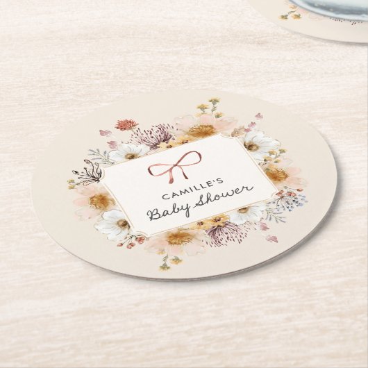 ボホフローラガールベビーシャワー ラウンドペーパーコースター (アングル)