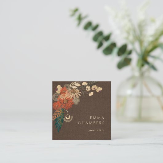 ボホフローラクリームブラウンリネンビジネスカード スクエア名刺 (スタンド正面)