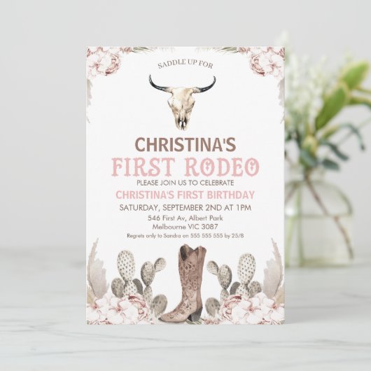 ボホフローラサボテン最初のロデオ1歳の誕生日 招待状 (スタンド正面)