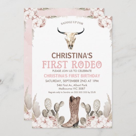 ボホフローラサボテン最初のロデオ1歳の誕生日 招待状 (正面/裏面)