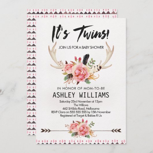 ボホフローラツインガールズベビーシャワー招待状 招待状 (正面/裏面)