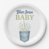 ボホフローラデニムポケットブルージャンベビーシャワー ペーパープレート (正面)