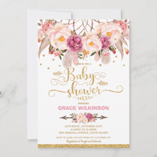 ボホフローラドリームキャッチャー赤ちゃんシャワーガール 招待状 (正面)